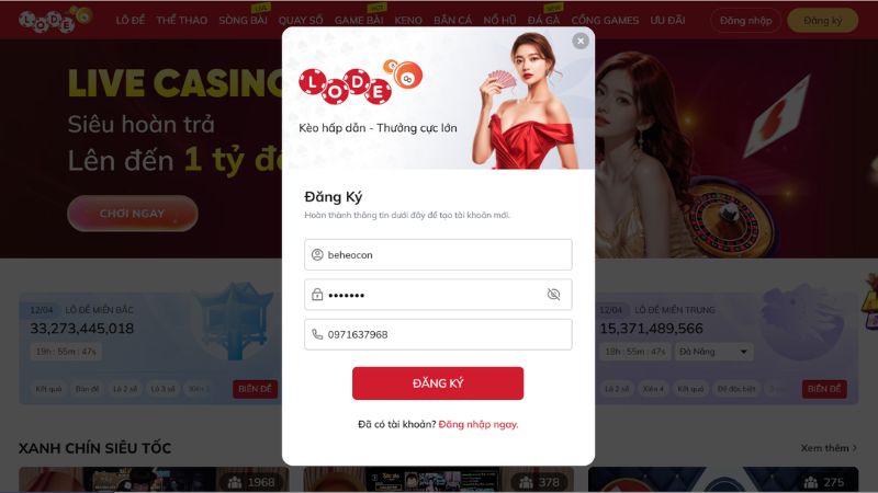 Người chơi chỉ cần cung cấp 3 thông tin cơ bản để đăng ký tài khoản LoDe88